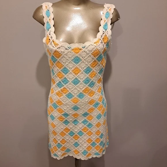 Fab'rik Orange, Turquoise & Cream Crocheted Boho Mini Dress - Picture 3 of 8